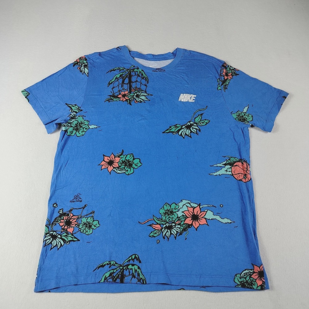 Nike T Shirt Womens Large Blue Floral Spell Out Logo Hawaiian Hoops Island